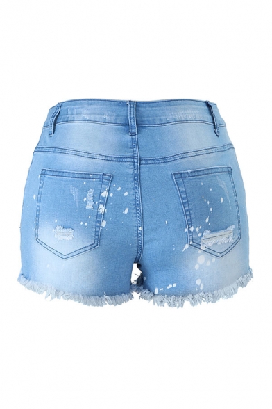 Womens Shorts Blue Trendy Medium Wash Splatter Pattern Ripped Frayed Cuffs Zipper Fly Regular Fitted Denim Shorts