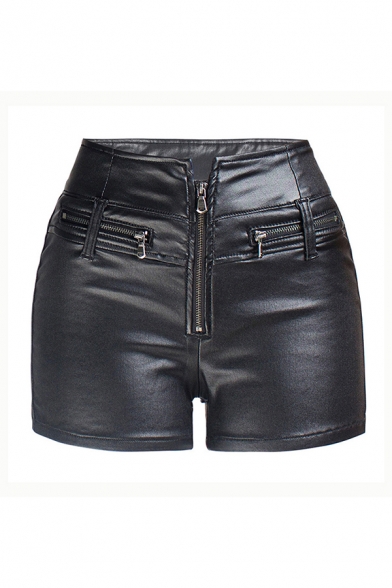 Womens Shorts Creative Mention Hip Stretch Notch Waistband Leather Zipper Decorated Slim Fitted PU Shorts