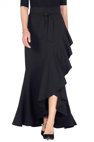 Womens Trendy Skirt Solid Color Ruffle-trimmed Tie Elastic Waist Zip Placket Maxi Asymmetrical Skirt