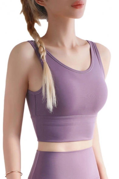 Yoga Girls Solid Color Scoop Neck Backless Slim Fit Cropped Tank Top