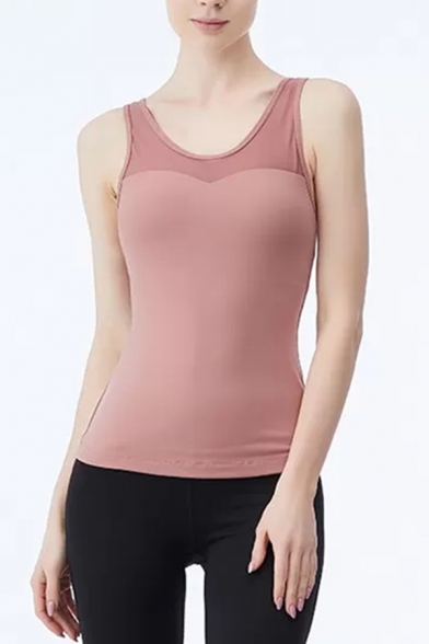 Yoga Womens Pink Patchwork Sleeveless Scoop Neck Slim Fit Tank Top