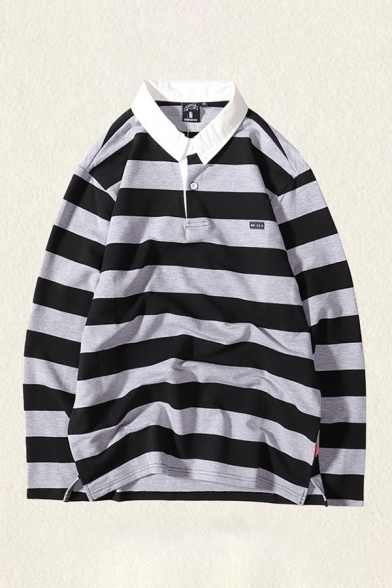 Basic Mens Polo Shirt Horizontal Striped Pattern Button Detail Turn-down Collar Loose Fit Long Sleeve Polo Shirt