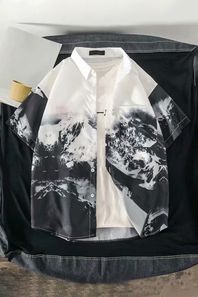Basic Mens Shirt Mountain Figure Printed Point Collar Chest Pocket Button-down Relaxed Fit Half Sleeve White Shirt