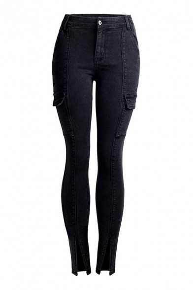 Black Classic Womens Jeans Dark Wash Split Hem Flap Pockets Zipper Fly Ankle Length Slim Fit Tapered Jeans
