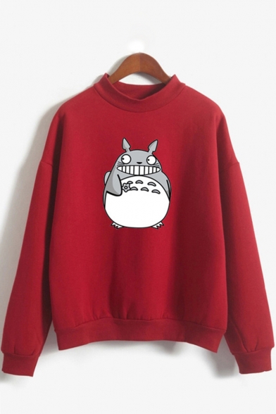 Cartoon Totoro Printed Mock Neck Long Sleeve Loose Fit Pullover Sweatshirt