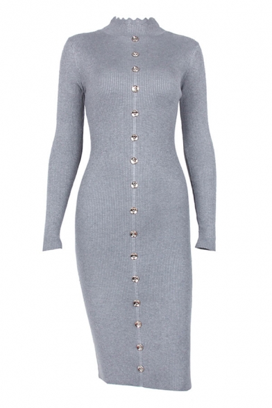 Chic Ladies Plain Long Sleeve Scalloped Mock Neck Button Up Knitted Midi Bodycon Sweater Dress in Gray