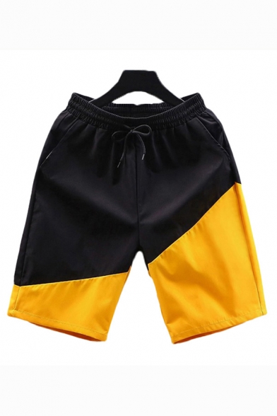 Chic Mens Shorts Colorblock Pocket Drawstring Cuffed Mid Rise Fitted Shorts