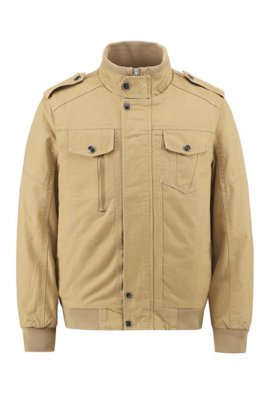 Classic Mens Jacket Solid Color Epaulets Knitted Trim Flap Pockets Zipper Detail Mock Neck Regular Fit Long Sleeve Work Jacket
