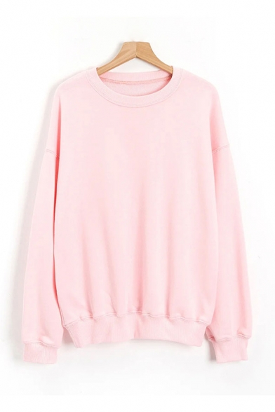 Classic Solid Color Long Sleeve Crew Neck Loose Fit Puffover Sweatshirt for Girls