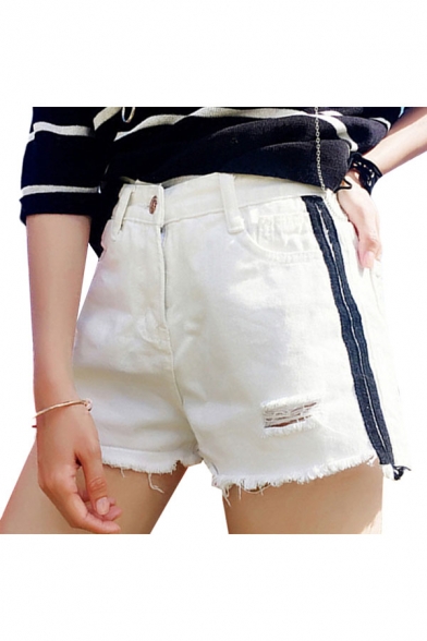 Classic Womens Shorts Ripped Side Stripe High Rise Frayed Cuffs Loose Fitted Zipper Fly Denim Shorts