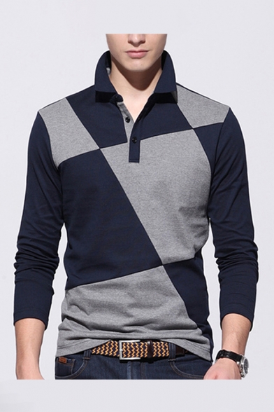 Cool Mens Polo Shirt Colorblock Panel Turn-down Collar Button Detail Long Sleeve Slim Fit Polo Shirt