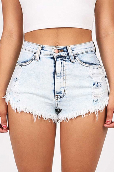 Cool Womens Blue Shorts Faded Wash Ripped Frayed Cuffs Zipper Fly Regular Fitted Denim Shorts