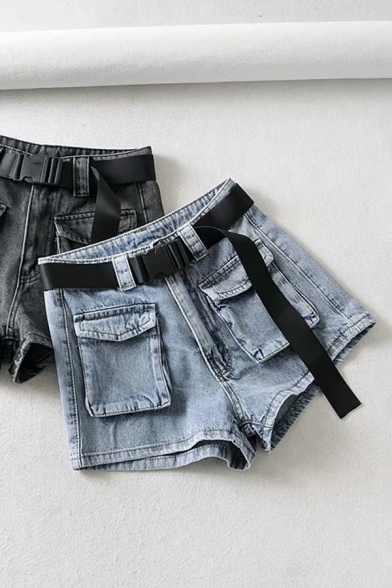 Dainty Shorts Flap Pockets Zip Placket Acid Wash Belt High Rise Regular Fit Jean Shorts for Women