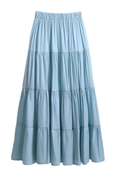 Fancy Womens Skirt Solid Color Pleated High Rise Elastic Relaxed Fitted Maxi A-Line Skirt