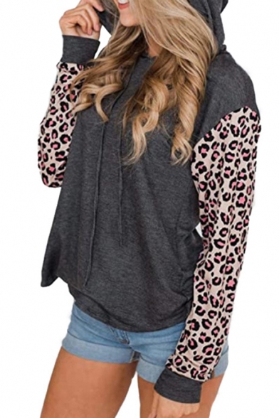 Fashion Leopard Printed Patchwork Drawstring Long Sleeve Relaxed Fit Hooded Sweatshirt