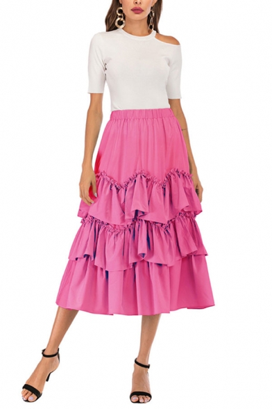 Fashion Womens Midi Skirt Solid Color Ruffle-trimmed Crinkle Elastic Waist Tiered Skirt