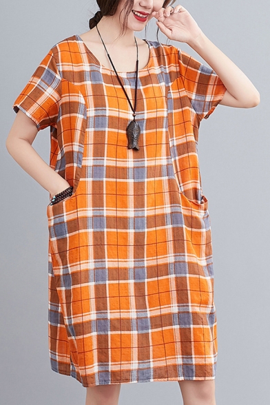 Fashion Womens Plaid Printed Short Sleeve Round Neck Linen and Cotton Short Shift Dress in Orange