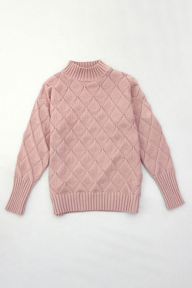 Girls Popular Long Sleeve Mock Neck Rhombus Knitted Loose Pullover Sweatshirt in Pink