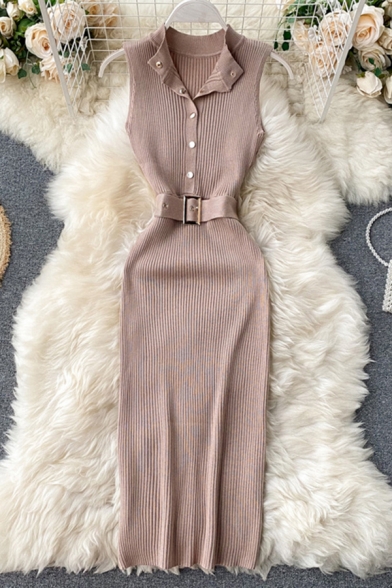 Glamorous Plain Knit Buckle Belted Button Up Slit Back Crew Neck Sleeveless Midi Bodycon Dress for Ladies