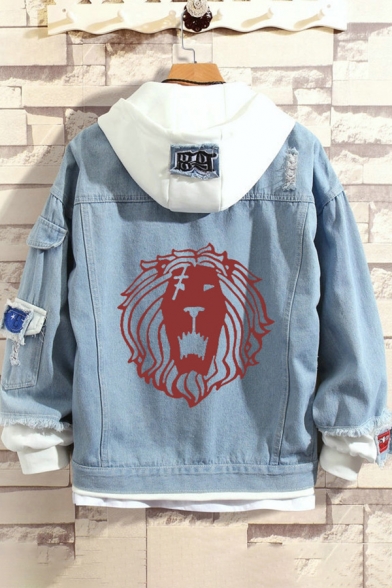 Guys Fashionable Lion Printed Patchwork Long Sleeve Hooded Distressed Bleach Loose Denim Jacket