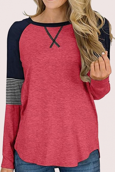 Womens Color Block Raglan Baseball Tee Shirts Striped Short Long Sleeve Tunic Tops 