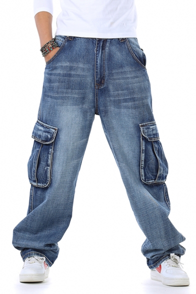 Men's Cool Plain Zipper Fly Multi Pockets Wide Leg Denim Pants Baggy ...