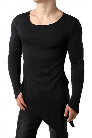 Men's Trendy T-Shirt Solid Color Round Neck Asymmetrical Hem Long-sleeved Regular Fitted T-Shirt