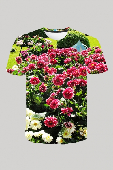 Mens 3D Fashion T-Shirt Flower Bush Path Stairs Pattern Round Neck Regular Fit Short Sleeve Tee Top