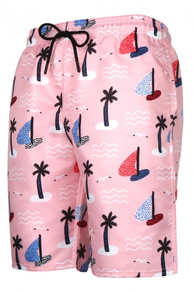Mens 3D Stylish Shorts Cartoon Coconut Tree Sailboat Wave Dots Pattern Pocket Drawstring Mid Waist over the Knee Length Regular Fitted Relax Shorts