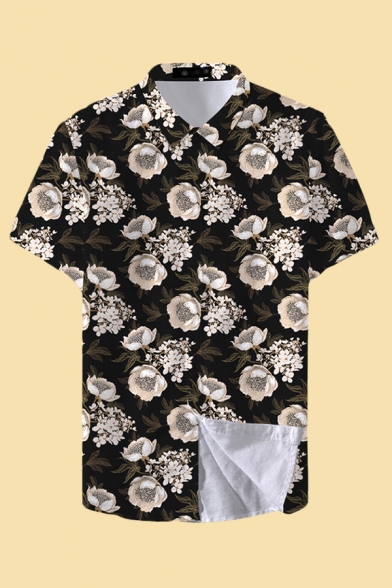 Mens Chic Shirt All over Floral Leaf Butterfly Print Button down Fitted Spread Collar Short Sleeve Shirt