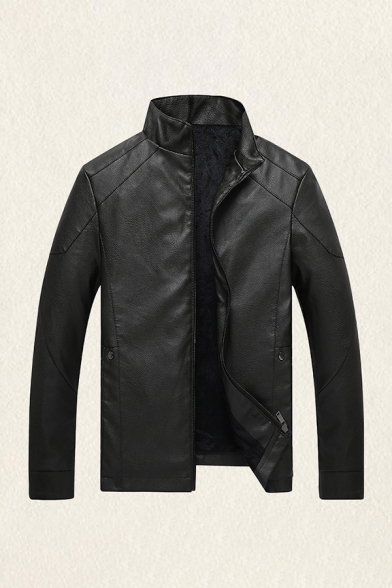 Mens Leather Jacket Trendy Solid Color Zipper Detail Mock Neck Regular Fit Long Sleeve Leather Jacket