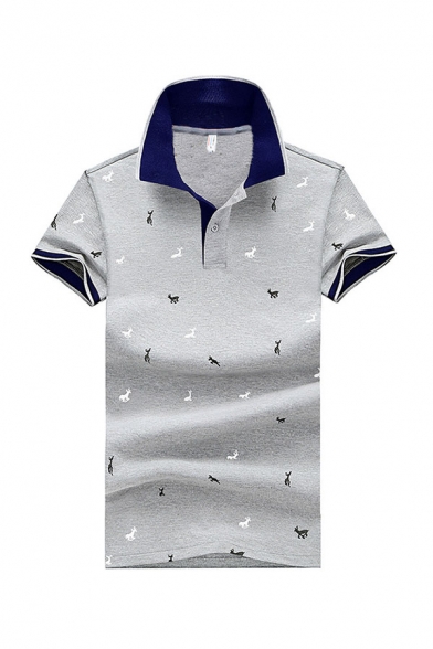 Mens Polo Shirt Fashionable Deer Pattern Knit Contrasted Trim Turn-down Collar Button Detail Short Sleeve Regular Fit Polo Shirt