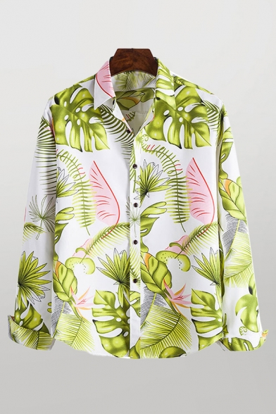 Mens Shirt Trendy Leaf Pattern Spread Collar Button-down Regular Fit Long Sleeve Shirt