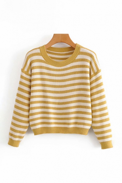 Pop Womens Striped Print Round Neck Long Sleeve Loose Knitted Pullover Sweater
