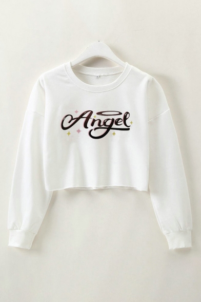 Popular Star Letter Angel Graphic Printed Round Neck Long Sleeve Loose Fit Pullover Sweatshirt