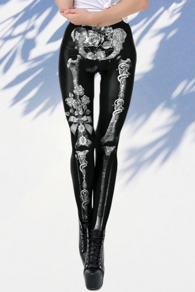 Popular Womens Leggings Bow Floral Skeleton 3D Pattern Skinny Fit Full Length Black Leggings