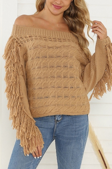 Popular Womens Solid Color Hollow Out Tassel Embellished Off the Shoulder Long Sleeve Loose Knit Pullover Sweater