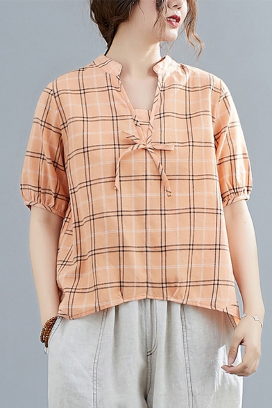 

Retro Ladies Plaid Printed Half Sleeve V-neck Bow Tied Relaxed Fit Linen and Cotton T Shirt, Pink;khaki, LM687995