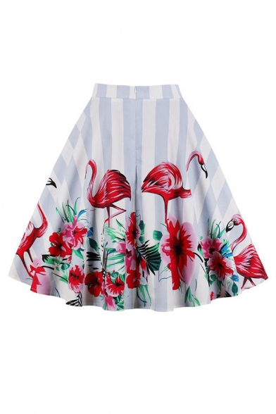 Retro Vintage Floral Flamingo Pattern High Rise White Midi Swing Skirt Pleated Skirt