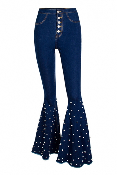 Retro Womens Blue Jeans Dark Wash Set Bead Decoration Frayed Hem Single-Breasted Regular Fit Long Flare Jeans