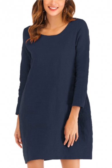 Simple Solid Color Round Neck Long Sleeve Oversized Short T Shirt Dress for Women