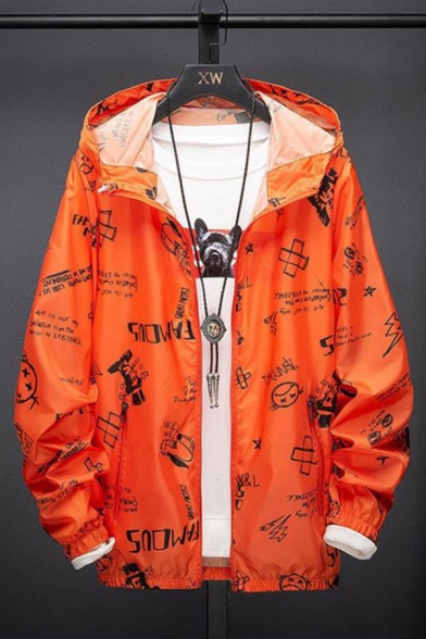 Street Style Hip Hop Letter Printed Hooded Long Sleeve Zip Up Unisex Coat