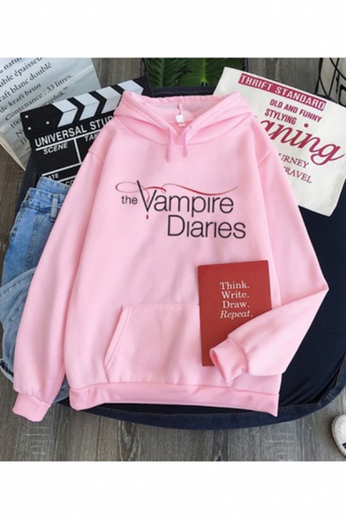Unique Letter The Vampire Diaries Graphic Printed Drawstring Kangaroo Pocket Long Sleeve Loose Fit Hooded Sweatshirt