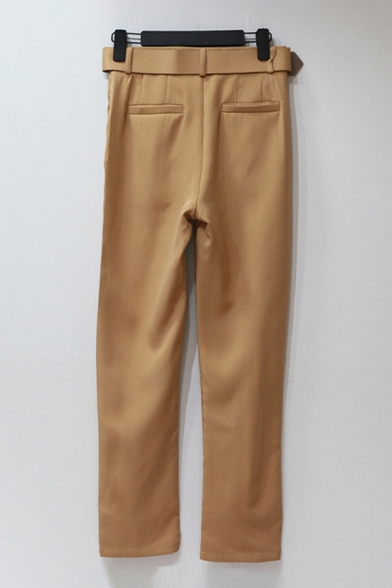 Womens Khaki Pants Creative Plain Buckle Belted High Rise Slim Fit 7/8 Length Tapered Relaxed Pants