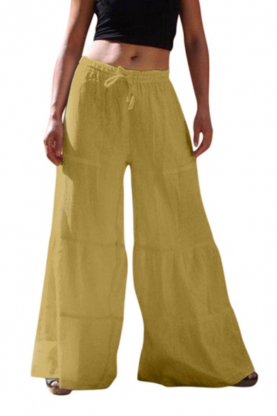 Womens Pants Unique Plain Paneled Cotton Linen High Drawstring Waist Loose Fit Full Length Wide Leg Pants