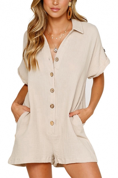 Womens Rompers Casual Plain Front Button Detail Turn-down Collar Loose Fitted Short Roll-up Sleeve Rompers