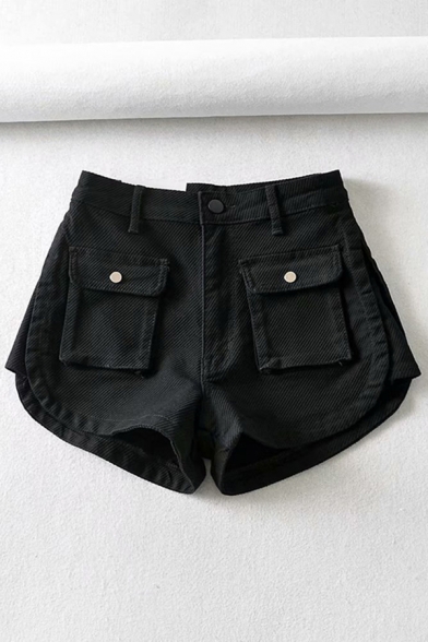 Womens Shorts Chic Plain Twill Side Split Patchwork Flap Pockets Zipper Fly Regular Fitted A-Line Denim Shorts