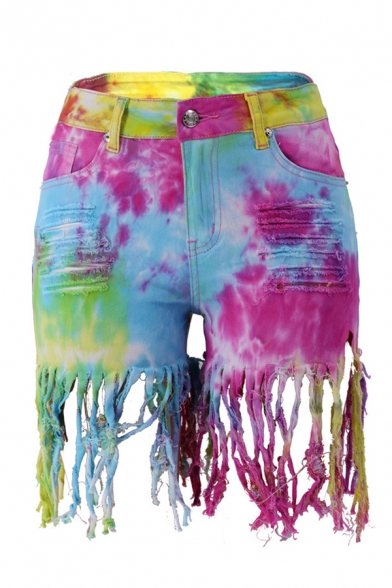 Womens Shorts Creative Tie Dye Ripped Fringe Hem Zipper Fly Slim Fitted Denim Shorts
