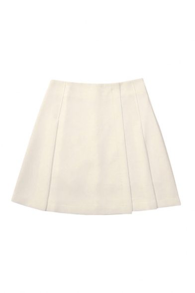 Womens Skirt Fashionable Solid Color Anti-Emptied Pleated High Rise Zipper Back Mini A-Line Skirt