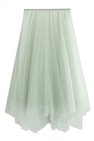 Womens Skirt Trendy Tulle High Elastic Waist Asymmetric Hem Midi A-Line Swing Skirt